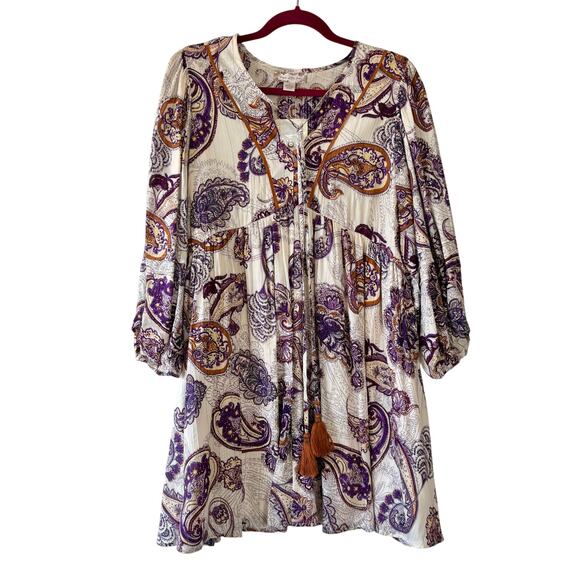 Band of the Free Lynnette Purple & Cream Paisley Print Boho Mini Dress Medium - Picture 1 of 9